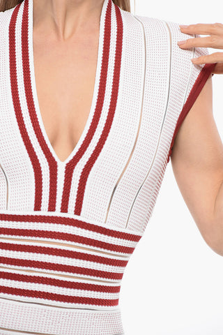 Minidress in Maglia con Scollo a V e Dettagli See Through