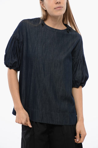 S Denim Blouse with Balloon Sleeves and Rhinestones