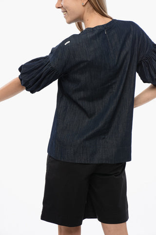 S Denim Blouse with Balloon Sleeves and Rhinestones