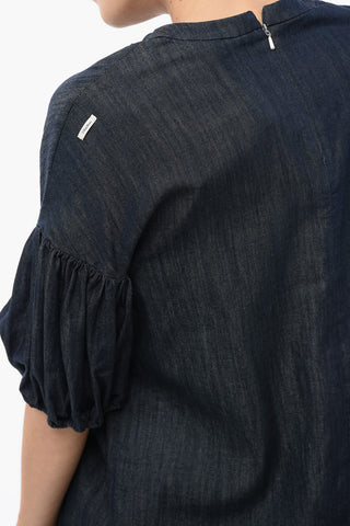 S Denim Blouse with Balloon Sleeves and Rhinestones