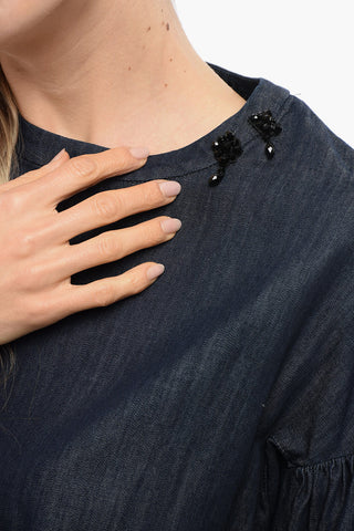 S Denim Blouse with Balloon Sleeves and Rhinestones