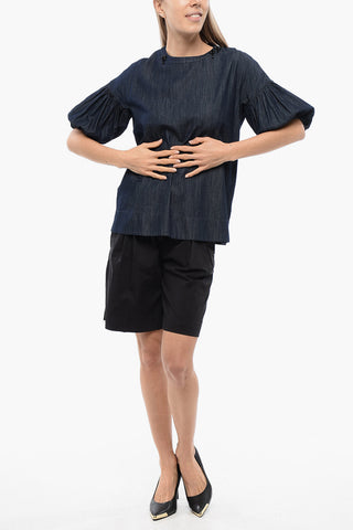 S Denim Blouse with Balloon Sleeves and Rhinestones