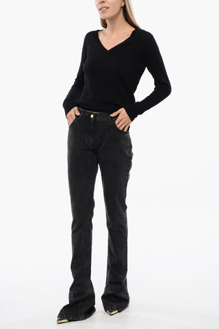 Low-waisted Bootcut Denims with Jewel Buttons