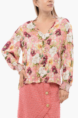 Floral-Print Blouse with Jewel Buttons