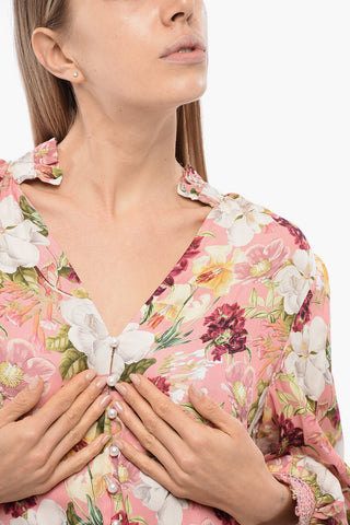 Floral-Print Blouse with Jewel Buttons