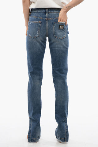 Low-Waist Distressed Jeans with Ankle Split 14cm