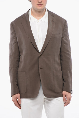 Blazer in Misto Lino Sfoderato con Tasche a Toppa
