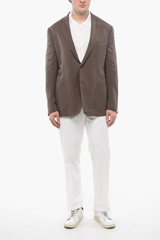 Blazer in Misto Lino Sfoderato con Tasche a Toppa