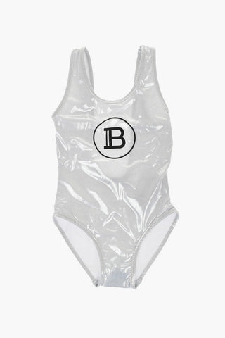 Lamé Effect One-piece Swimsuit with Logo Print