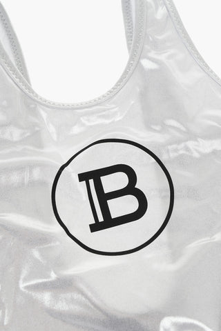 Lamé Effect One-piece Swimsuit with Logo Print