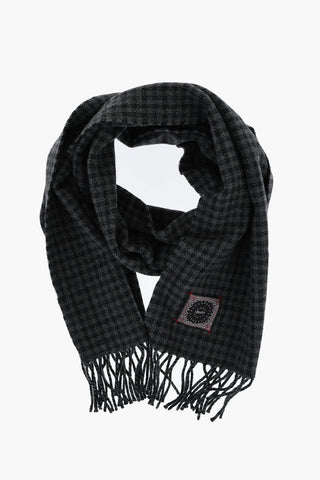 Houndstooth Cashmere Blend Scarf with Fringed Hems