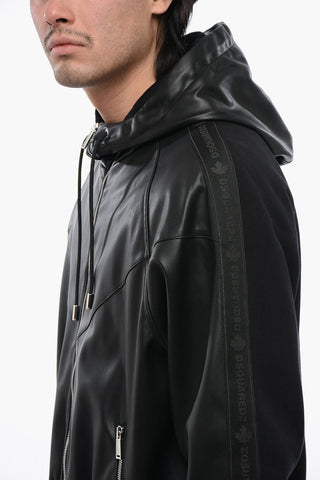 Faux Leather Hooded Sweatshirt With Logo Band