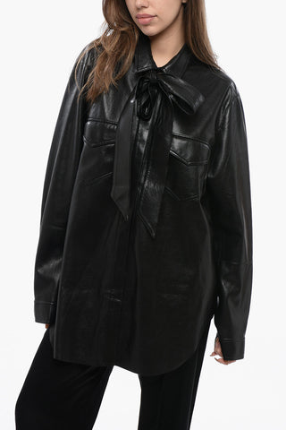 Faux Leather Overshirt with Tie Neck