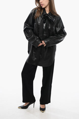 Faux Leather Overshirt with Tie Neck