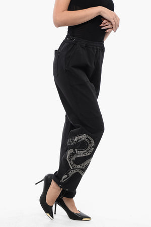 Pantaloni in Cotone Stretch con Elastico in Vita e Serpente Decorato