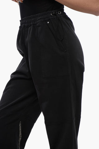 Stretch Cotton Trousers with Elastic Waist and Embellished Snake