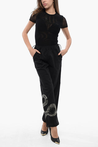 Stretch Cotton Trousers with Elastic Waist and Embellished Snake