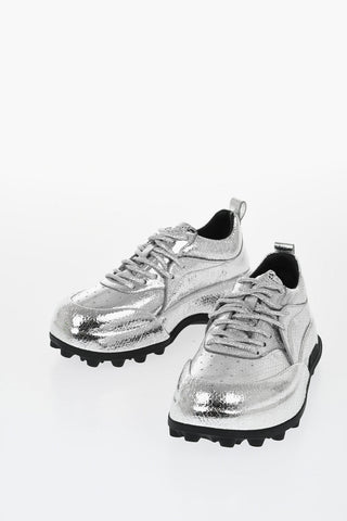 Sneakers Allacciate in Pelle Lamè Martellata