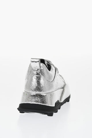 Sneakers Allacciate in Pelle Lamè Martellata