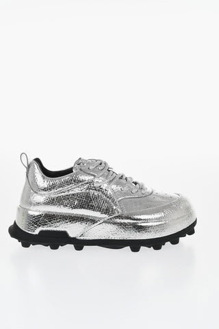Sneakers Allacciate in Pelle Lamè Martellata