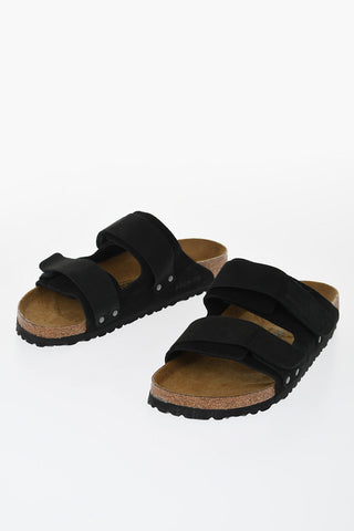 Solid Color Nubuck Leather Sandals with Touch Strap Closure