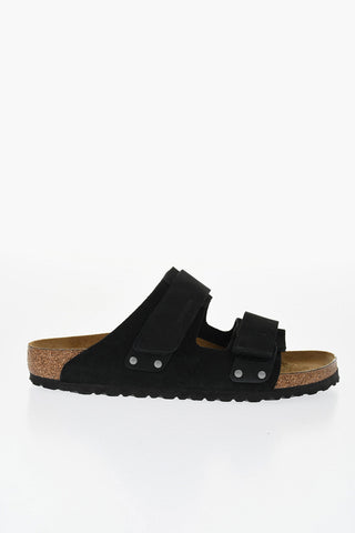 Solid Color Nubuck Leather Sandals with Touch Strap Closure