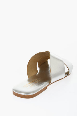 Metallic Faux Leather Flat Sandals