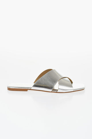Metallic Faux Leather Flat Sandals