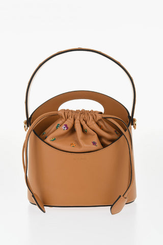 Borsa a Secchiello in Pelle con Ricami Fiori