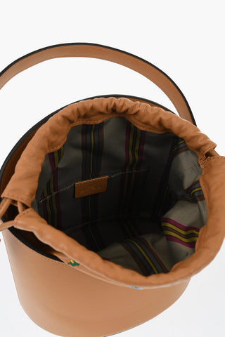 Leather Bucket Bag with Embroidery Flowers