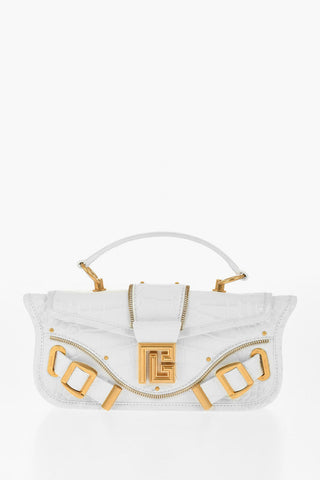 Crocodile Effect Leather Baguette Bag with Golden Details