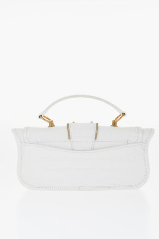Crocodile Effect Leather Baguette Bag with Golden Details