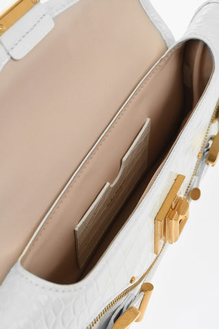 Crocodile Effect Leather Baguette Bag with Golden Details