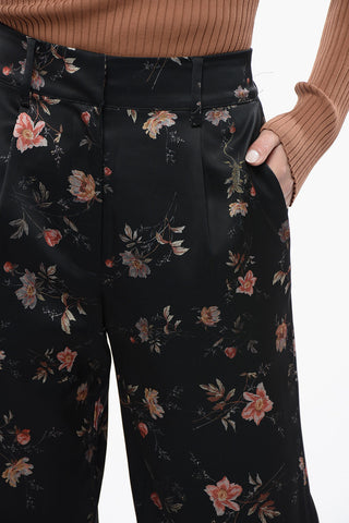 Satin Trousers LOUISA with Floral Print and Ankle Split