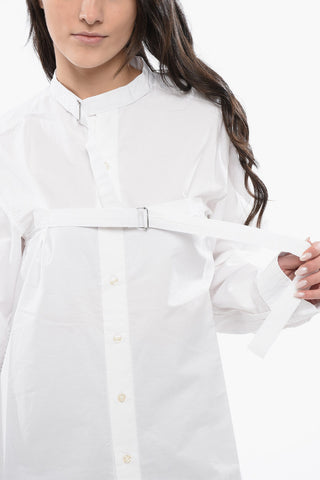 Solid Color Mandarin Collar Shirt with Belt Details