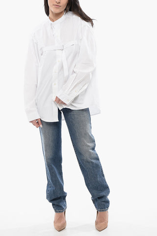 Solid Color Mandarin Collar Shirt with Belt Details