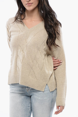 V-Neck Wool Blend Braided Sweater