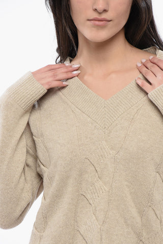 V-Neck Wool Blend Braided Sweater