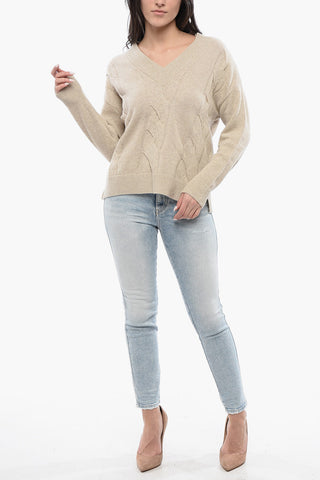 V-Neck Wool Blend Braided Sweater