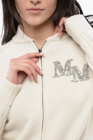 Zipped Wool Blend Cardigan With Jewel Logo