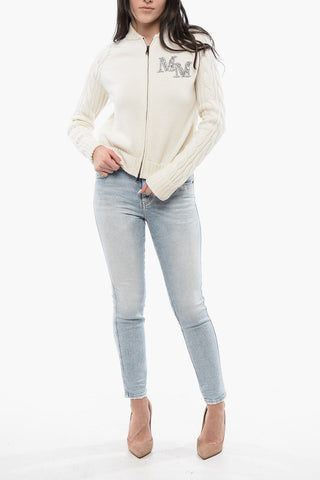 Zipped Wool Blend Cardigan With Jewel Logo