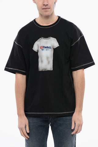 Printed T-BOXT-N12 Crew-neck T-Shirt with Visible Stitching