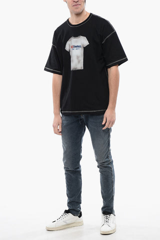Printed T-BOXT-N12 Crew-neck T-Shirt with Visible Stitching