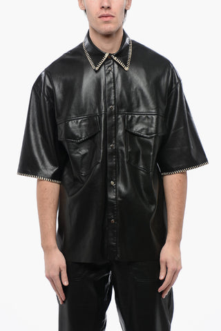 Short Sleeved Faux Leather Shirt with Raffia Stitching