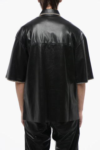 Short Sleeved Faux Leather Shirt with Raffia Stitching