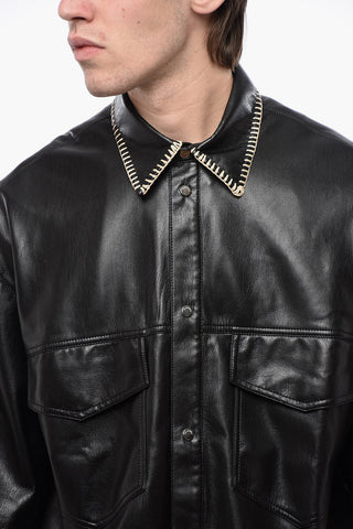 Short Sleeved Faux Leather Shirt with Raffia Stitching