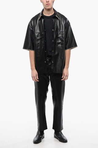 Short Sleeved Faux Leather Shirt with Raffia Stitching