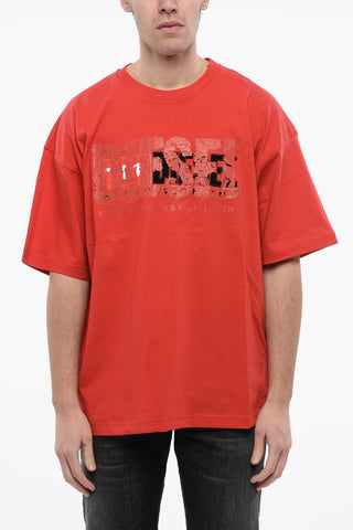 RED TAG Crew Neck T-Shirt T-NABEL-M1 in Solid Color with Cracked-Effect Print