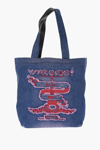 Denim Shoulder Bag With Vintage-Effect Embroidery And Leather Details