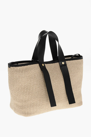 Borsa Tote in Rafia con Dettagli in Pelle